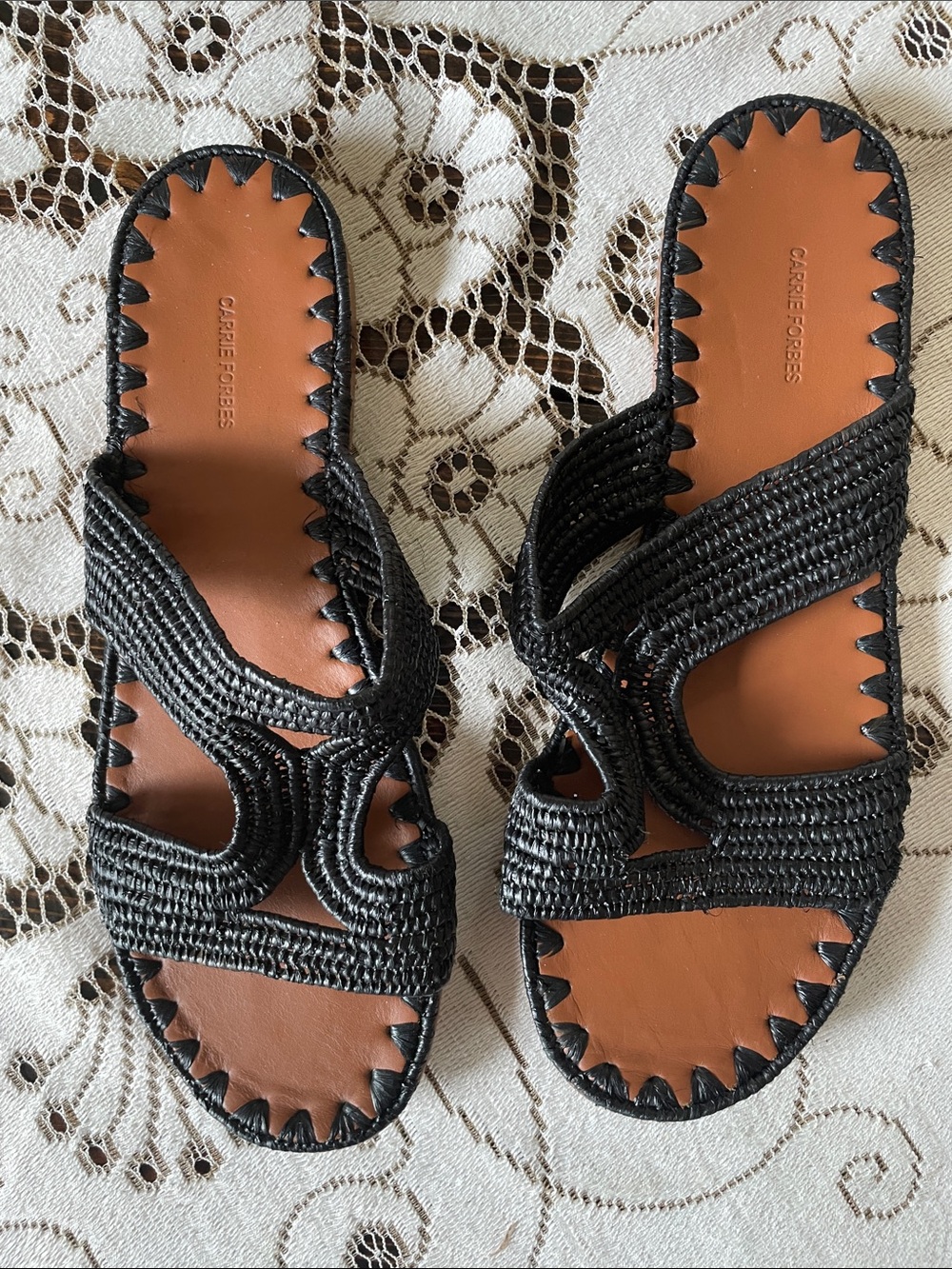 Carrie Forbes Salon Black Hand Genuine Leather Woven Slide Sandals
